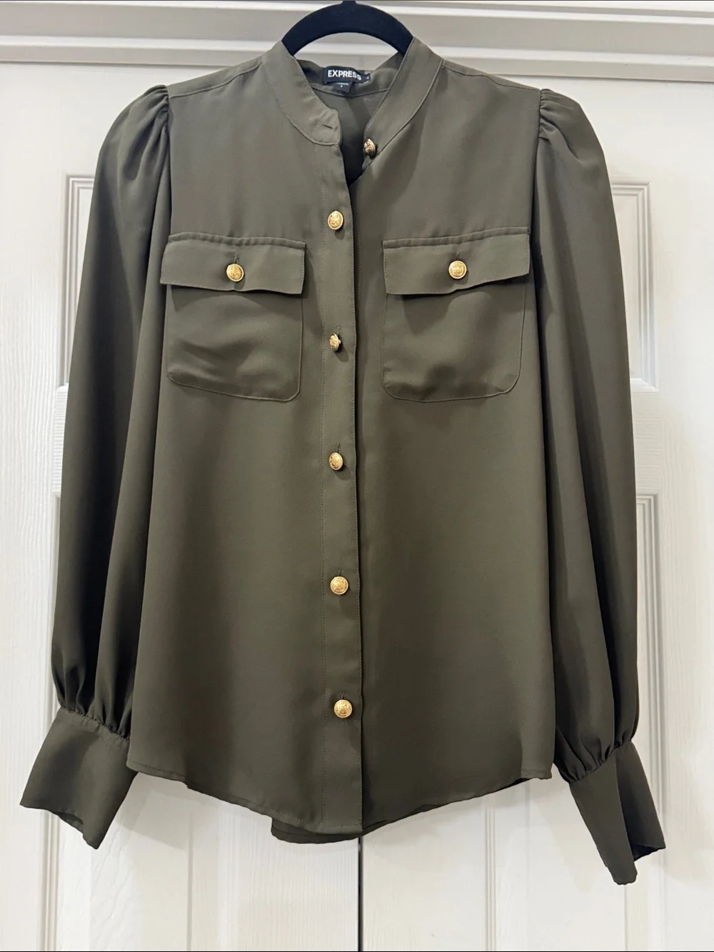 Express Olive Green Tie-Neck Blouse with Gold Buttons - Picture 4 of 5